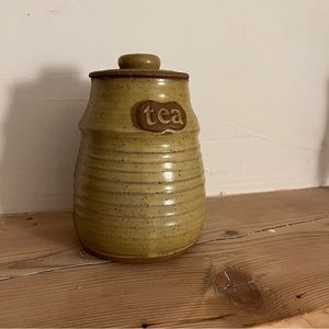 Vintage lidded pottery canister two tone tea stoneware